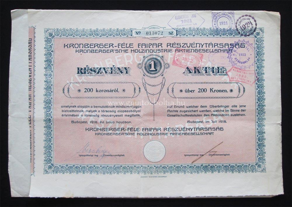 Kronberger-féle Faipari részvény 200 korona 1918